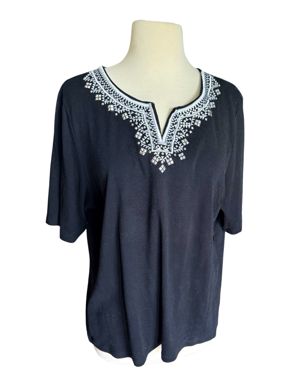 Karen Scott Black Cotton Knit Embellished Top, XL